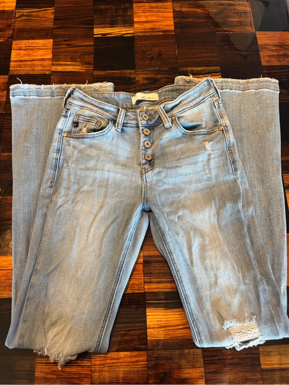 KanCan Light Blue Wide-Leg Button-Fly Distressed Jeans